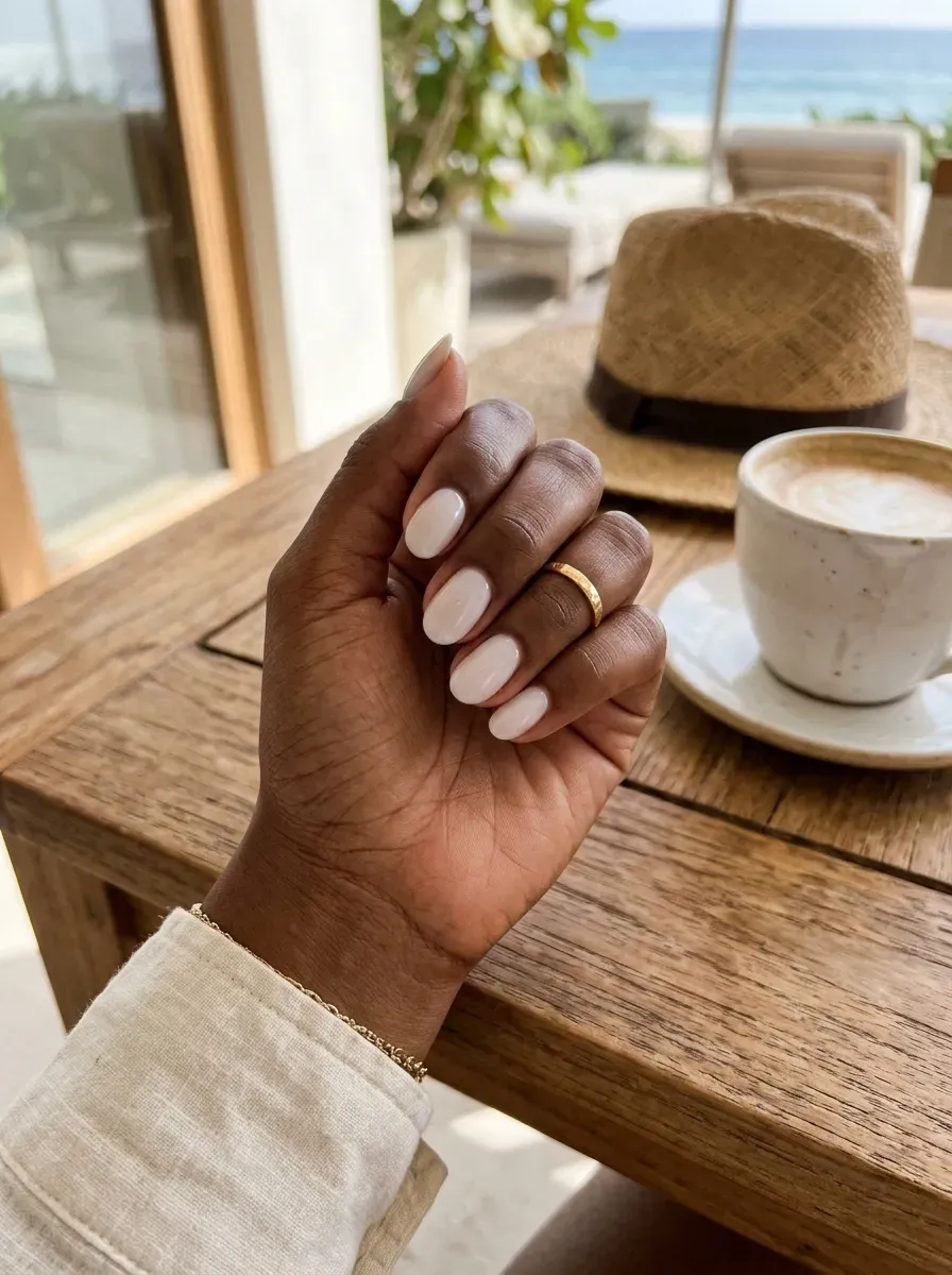 Milky white oval nails with glossy finish on deep chestnut skin