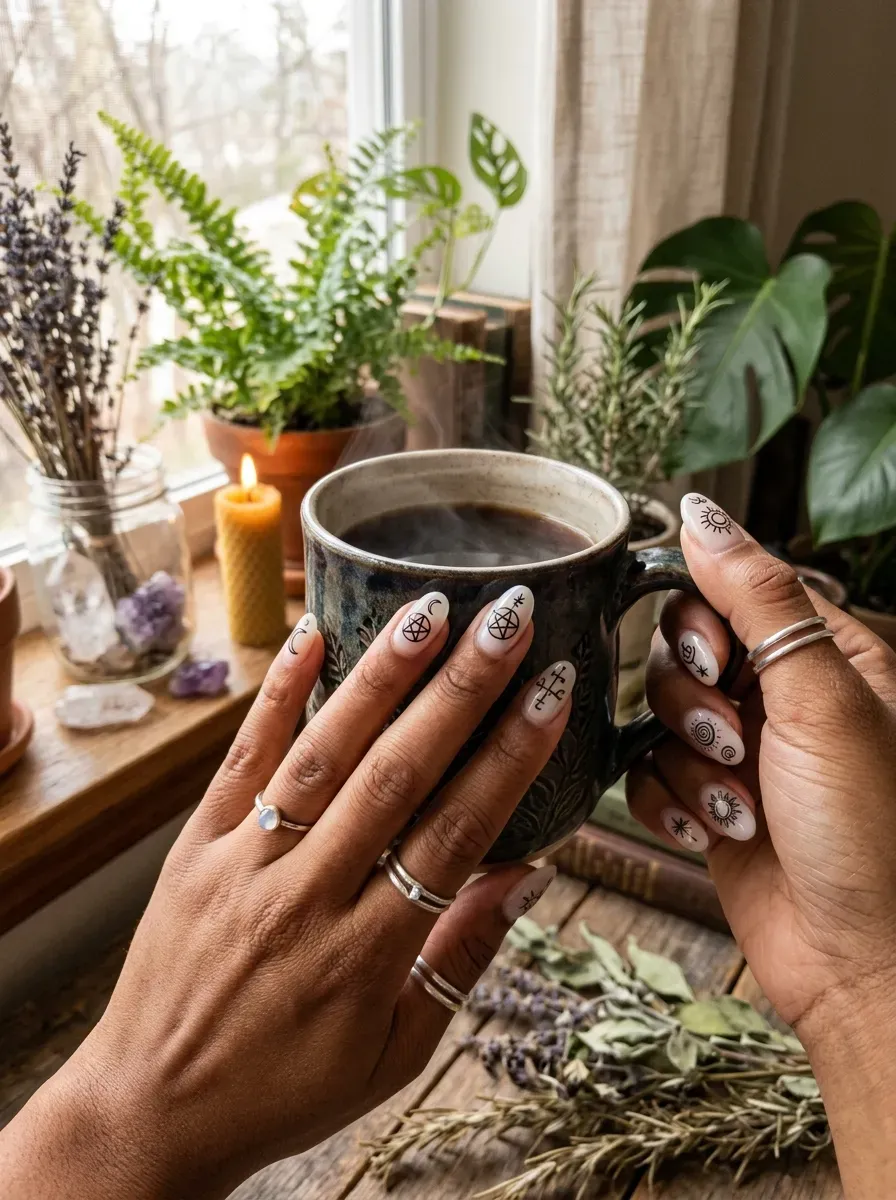 Milky white translucent nails detailed with fine black witchy symbols