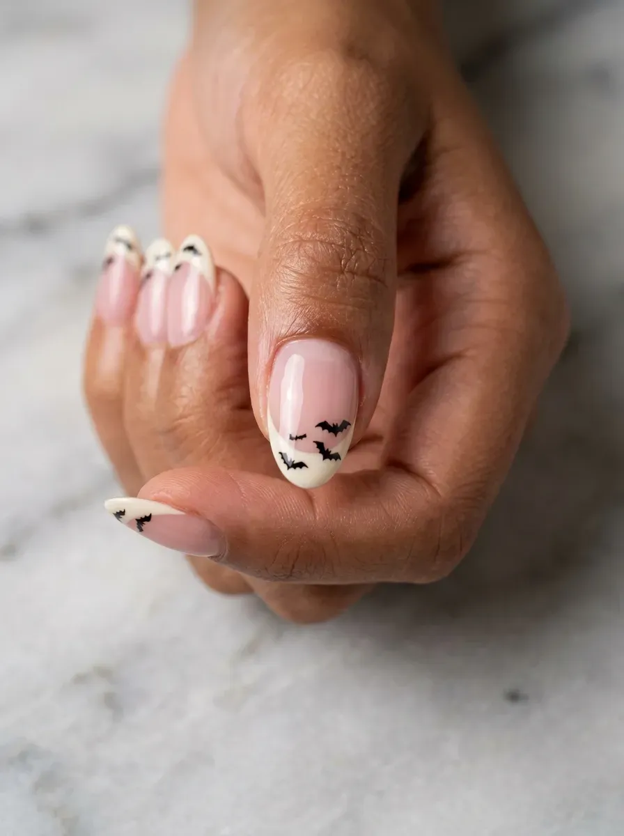 Short almond nails with black bat French tips over pale pink polish