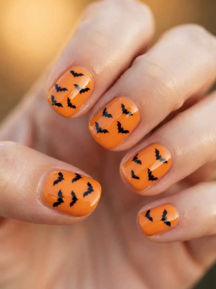 Short glossy nails with tiny black bat silhouettes over orange polish