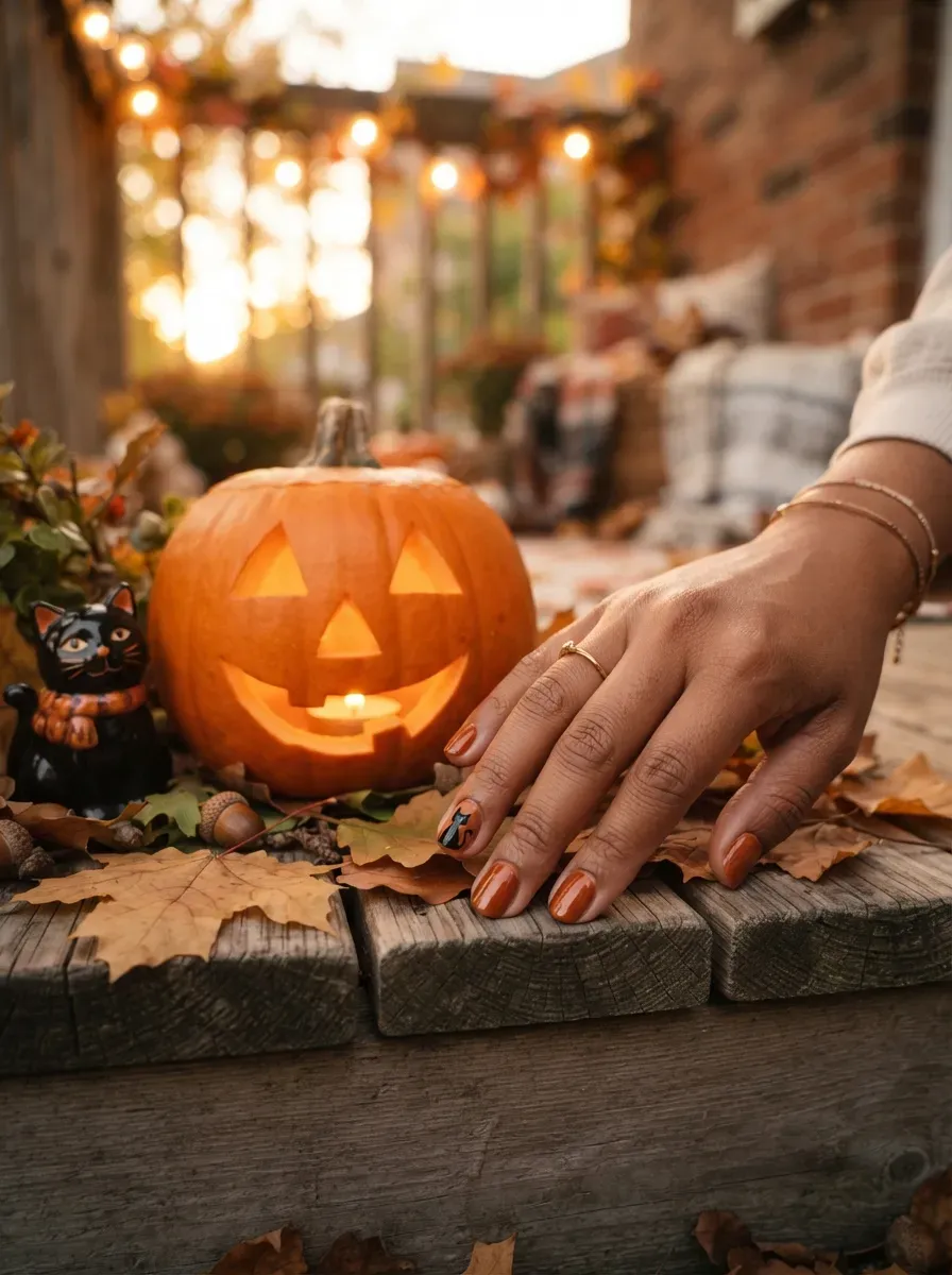 One short orange nail with a small black cat silhouette sitting near the base on brown skin with warm undertones