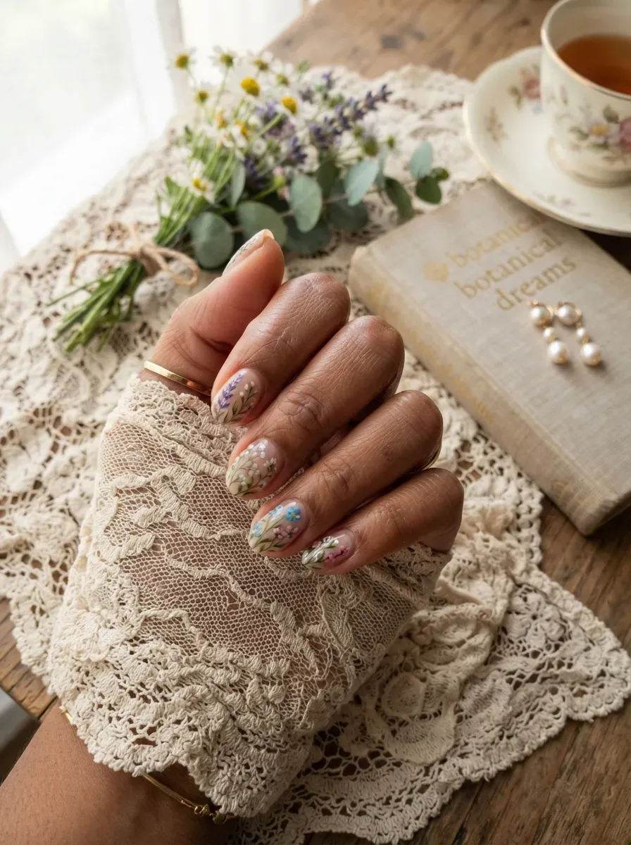 Short sheer nude nails with delicate miniature botanical flowers on brown skin