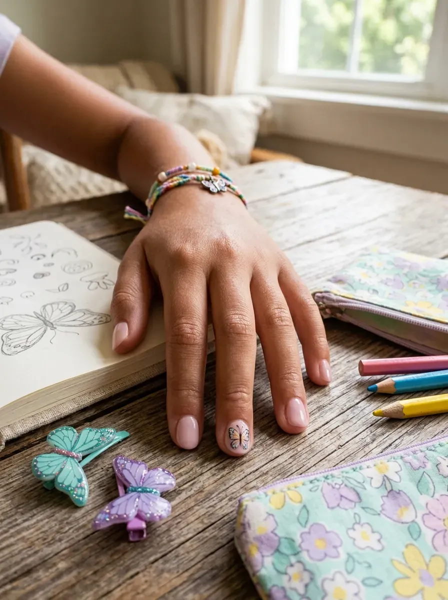 Short pink nails with tiny painted butterfly accents on ring fingers