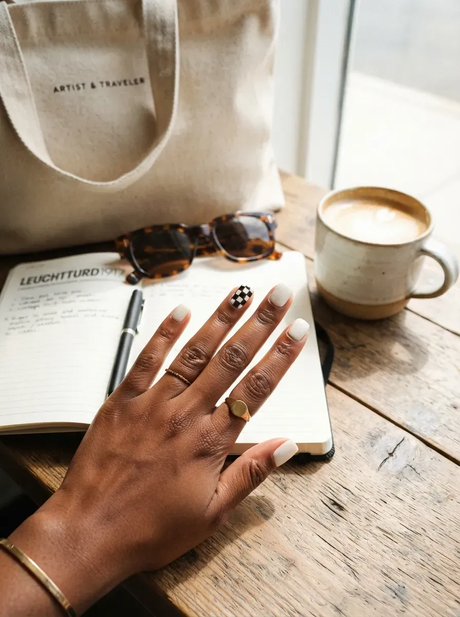 Short neutral nails with small black and cream checkerboard accent designs