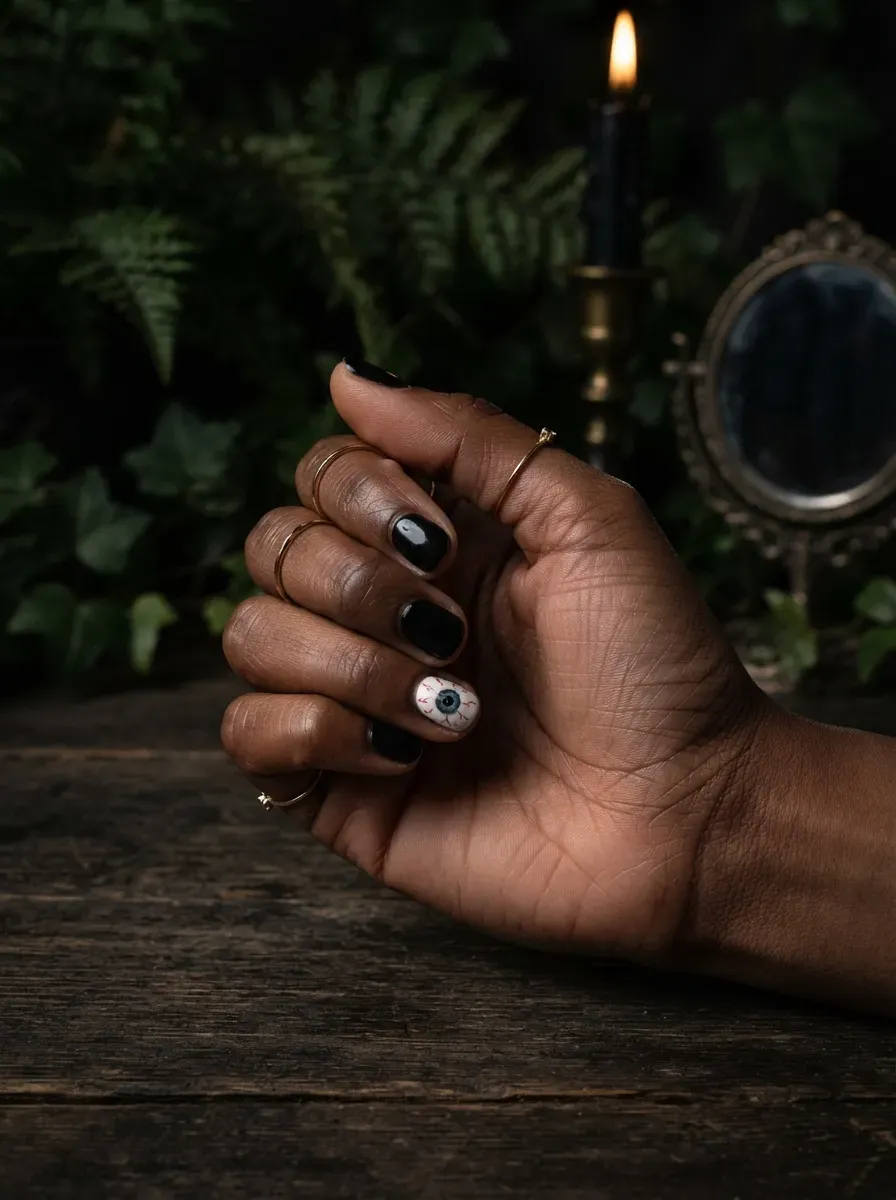 One short white nail with a small hand painted bloodshot eyeball design on deep brown skin