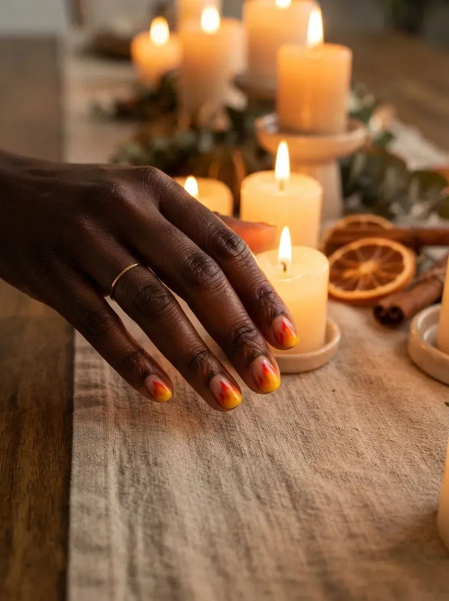 Short nails with a small ombre gradient tip moving from yellow to red resembling a flame on rich dark skin tone