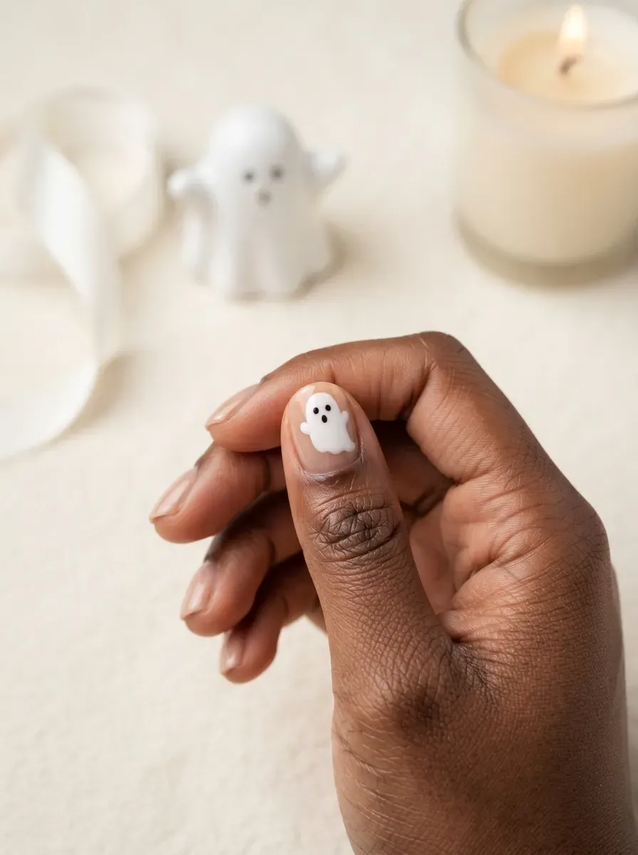 One short nude nail with a small white ghost peeking from behind the cuticle on deep chestnut skin