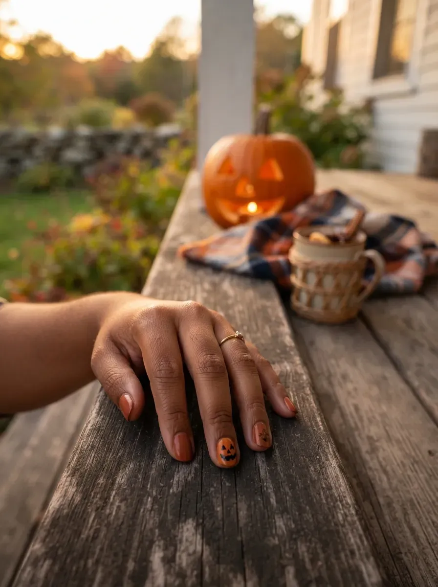 One short orange nail with a small hand painted carved jack o lantern face on warm brown skin