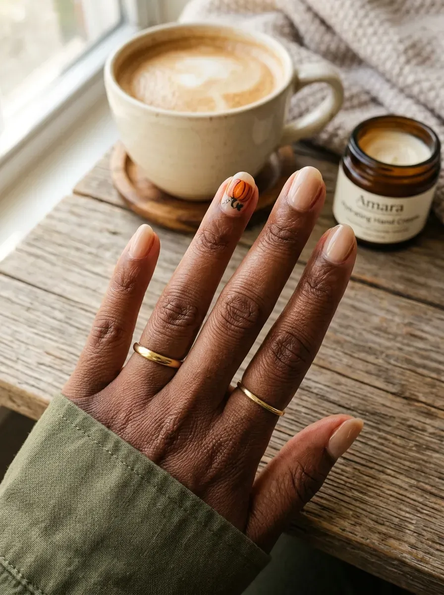 Neutral short nails with tiny orange pumpkin accent on ring finger