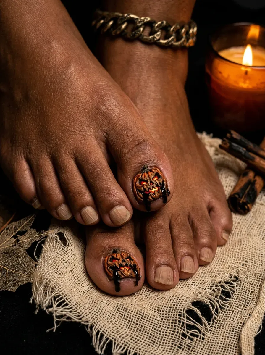 Neutral pedicure with small orange pumpkin painted on big toe
