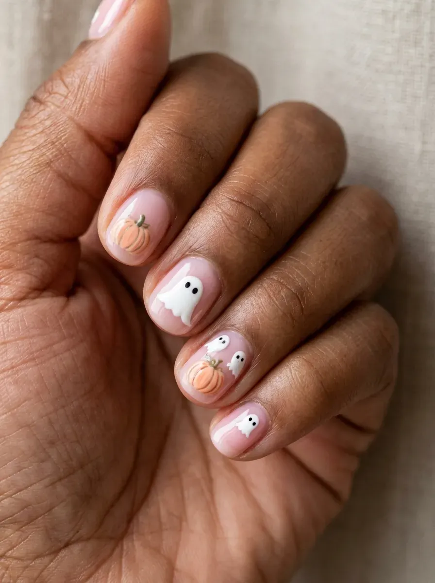 Short rounded nails with tiny pastel pumpkins and white ghost accents