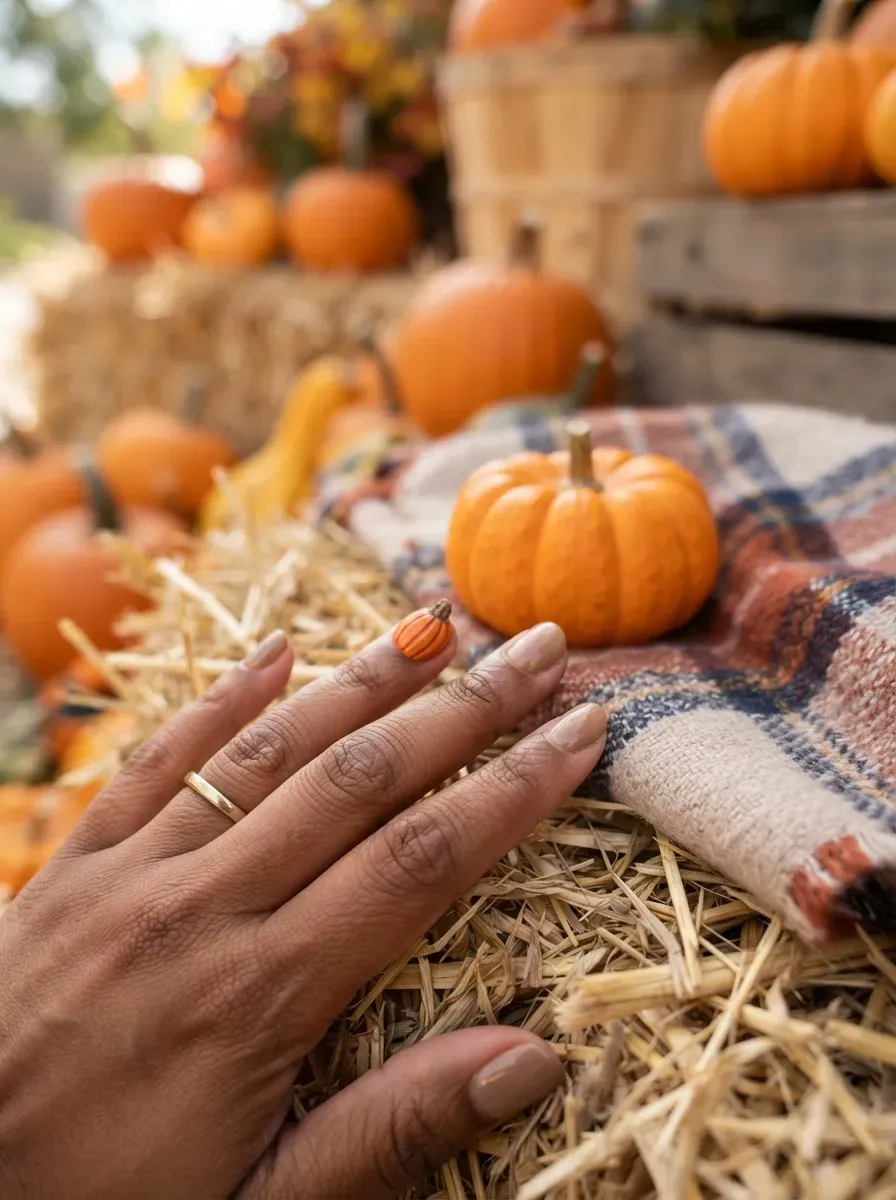 One short round nail painted as a tiny pumpkin with a brown stem on warm brown skin