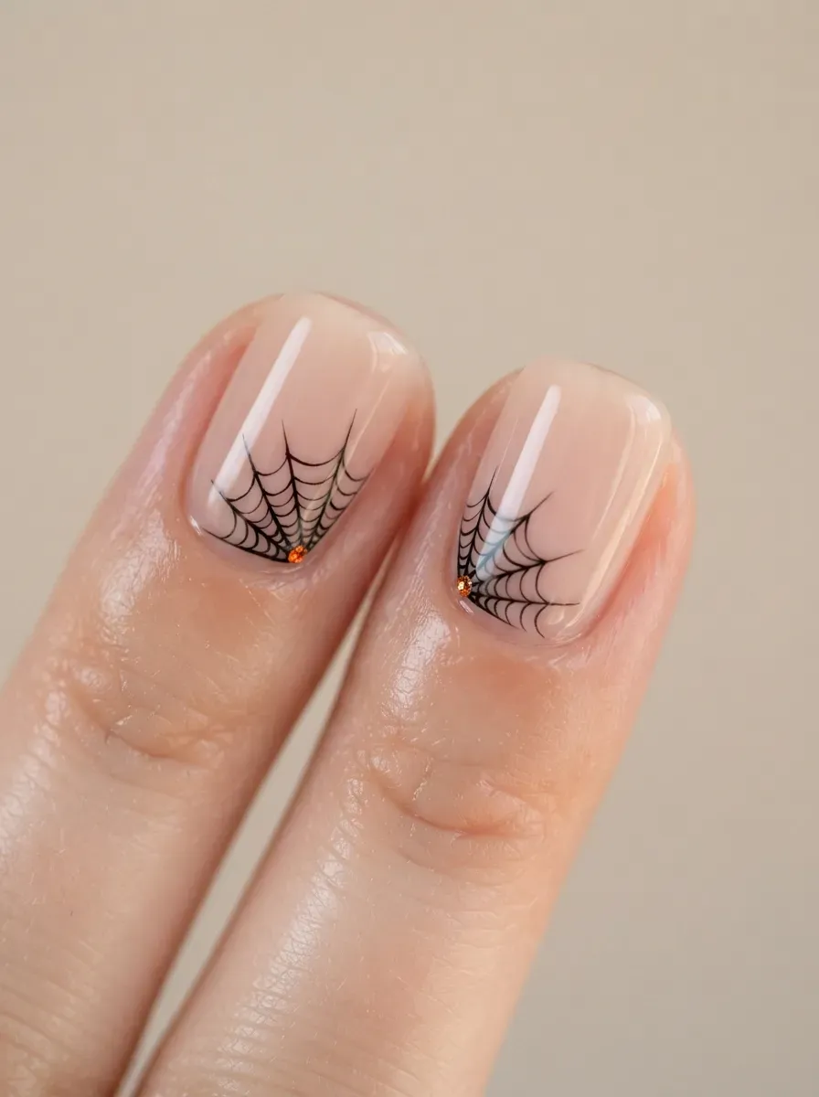 Short glossy nails with delicate black spiderweb corners and orange accents