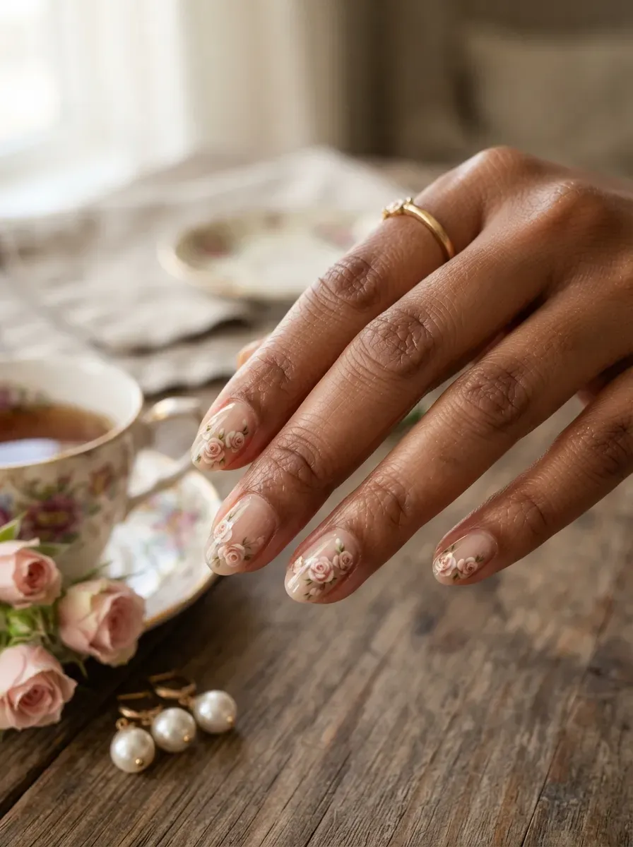 Miniature pink roses painted across sheer nude nails on warm brown skin