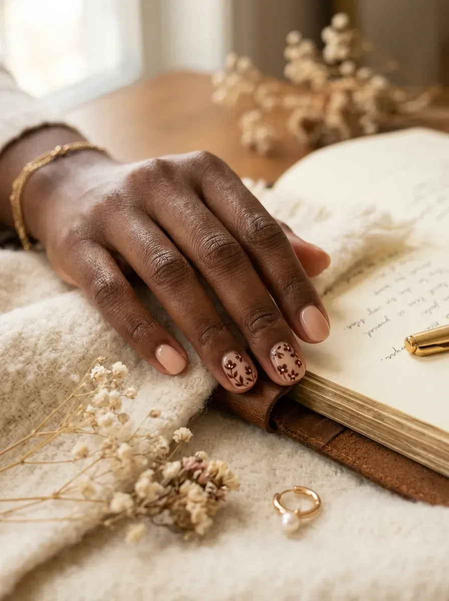 Short nude nails with tiny chocolate floral accents on rich brown skin