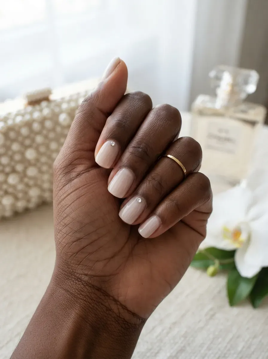 Short milky nude nails with tiny crystal accents on deep brown skin