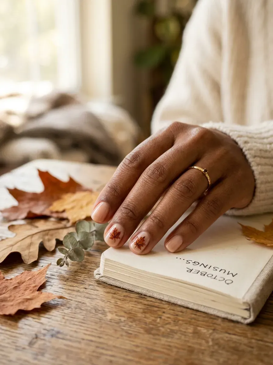 Sheer nude nails with tiny rust maple leaf accents on brown skin