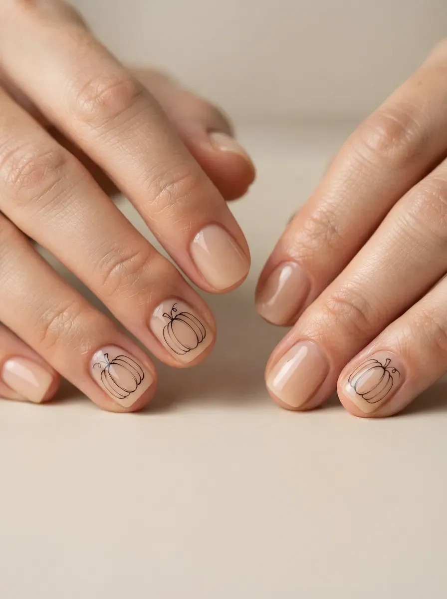Short nude nails with minimalist black pumpkin outline accents