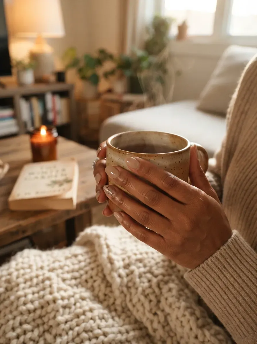 Hand holding a teacup with one tiny crack detail on a single accent nail