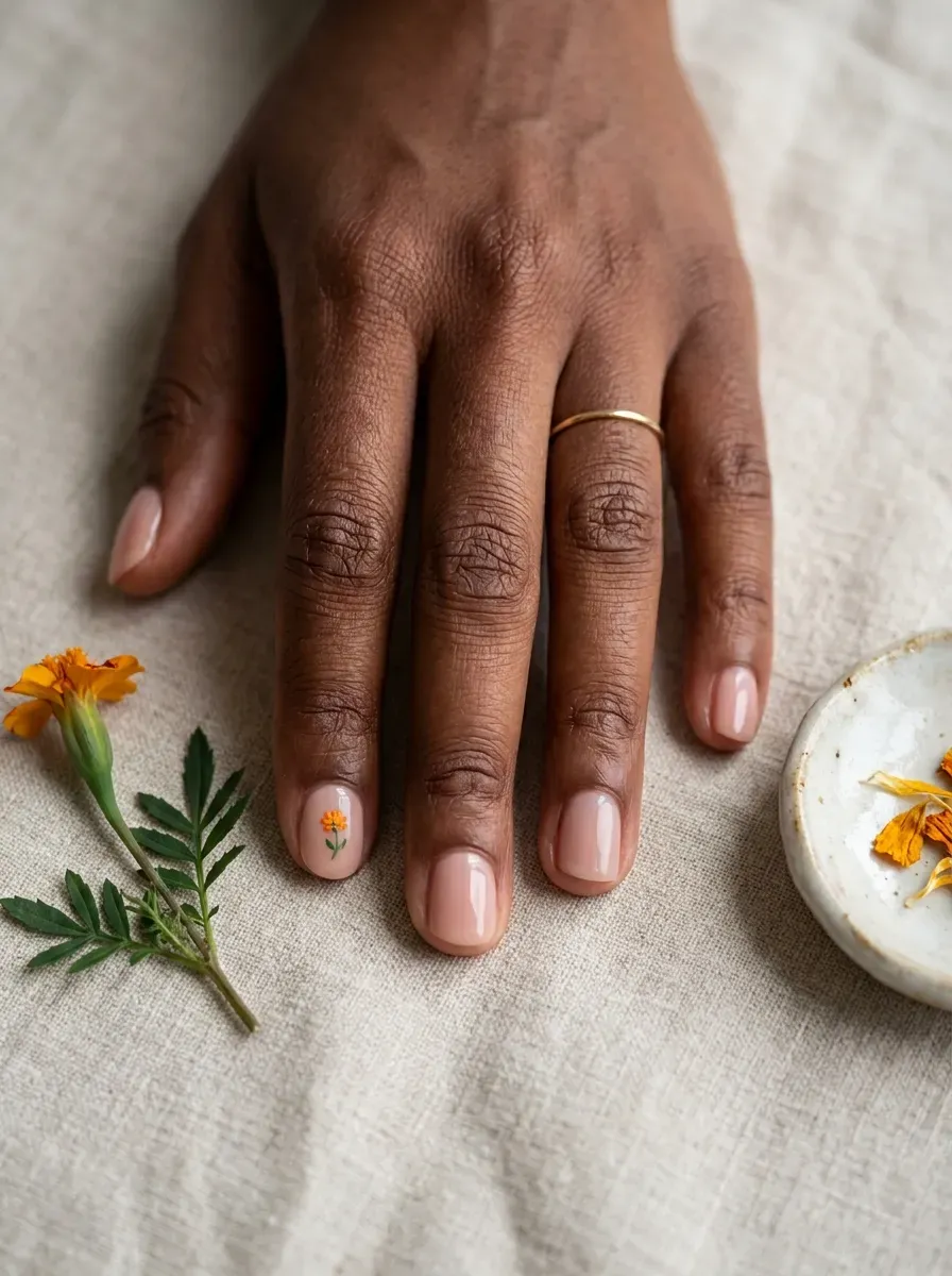 Nude short nails with one tiny painted marigold flower on the ring finger accent nail on deep chestnut skin