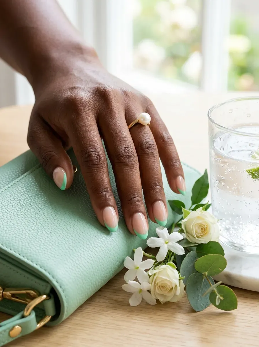 Mint green French tips on short almond nails with deep chestnut skin
