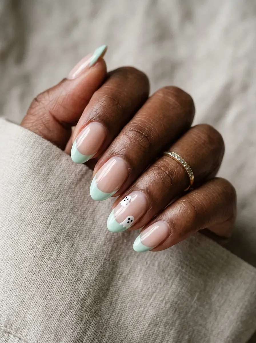 Short almond nails with mint French tips and tiny white ghosts