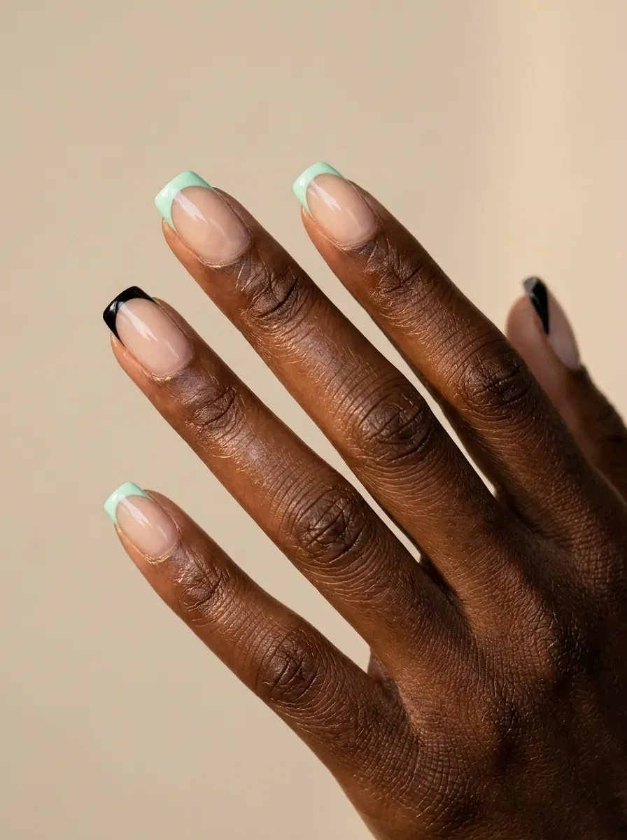 Medium squoval nails with mint green and black French tips
