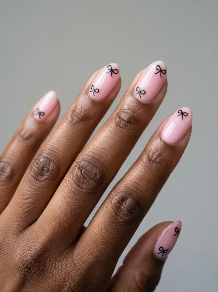 Mint green French tip nails with delicate black spiderweb accents on brown skin