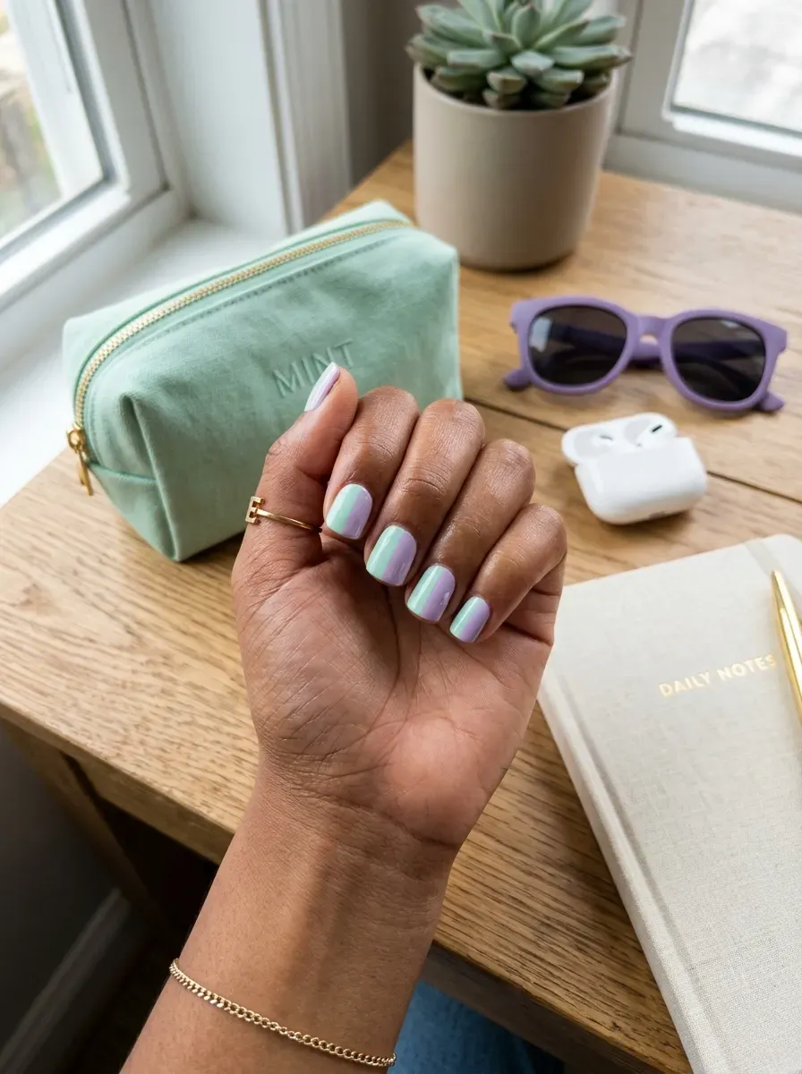 Short square nails divided into mint and lilac color blocks