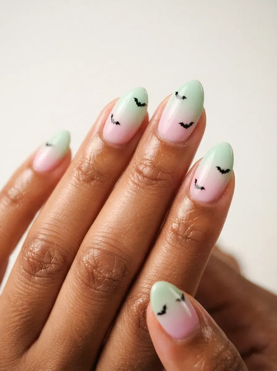 Mint and pink gradient nails with small black bat accents on brown skin