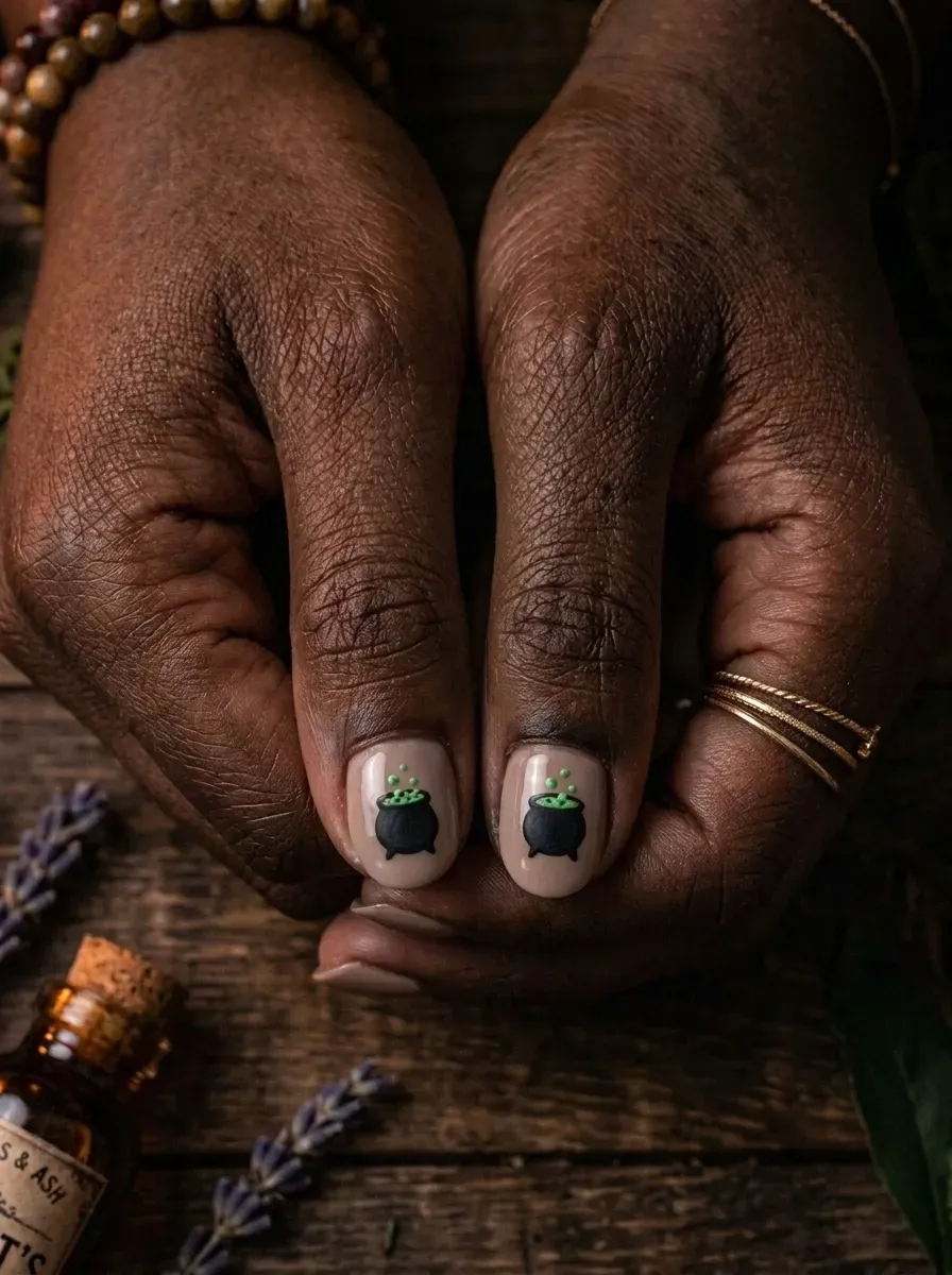 Two accent nails each with a black cauldron silhouette and green painted bubbles rising toward the other hand on rich dark skin tone and deep brown skin