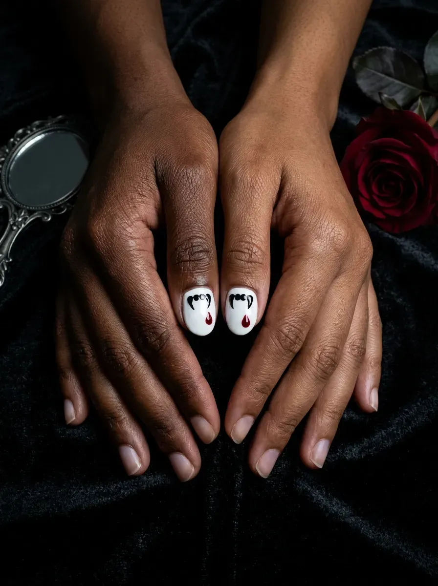 Two hands each with a white accent nail featuring small painted vampire fangs and a drop of red on deep chestnut skin and warm brown skin