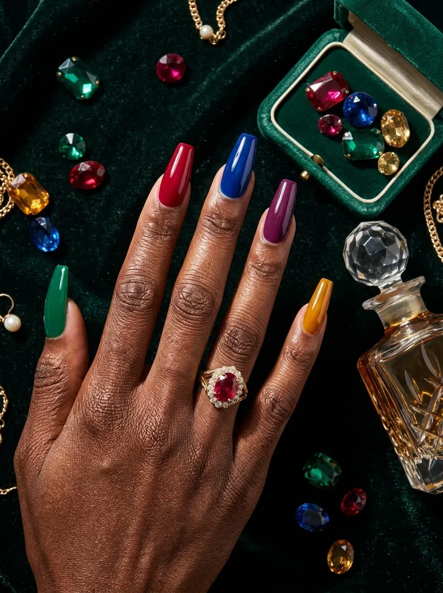 Long coffin nails in emerald ruby sapphire plum and amber shades