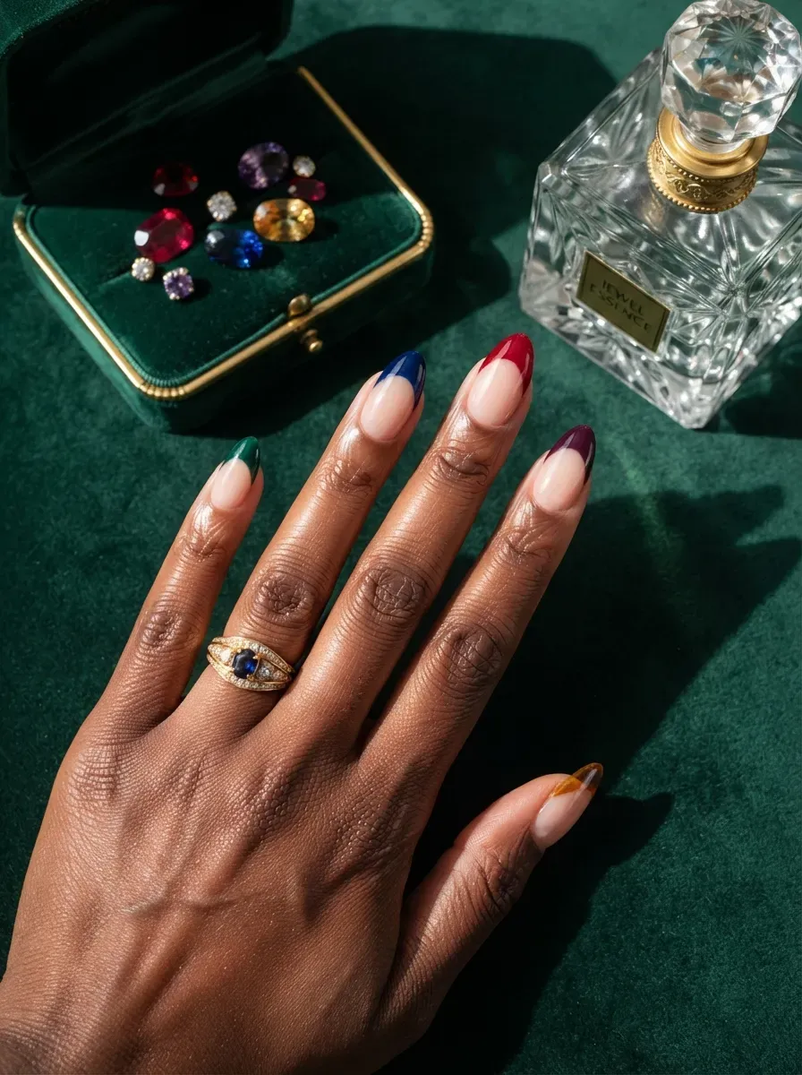 Different jewel tone deep French tips across almond nails with dark skin