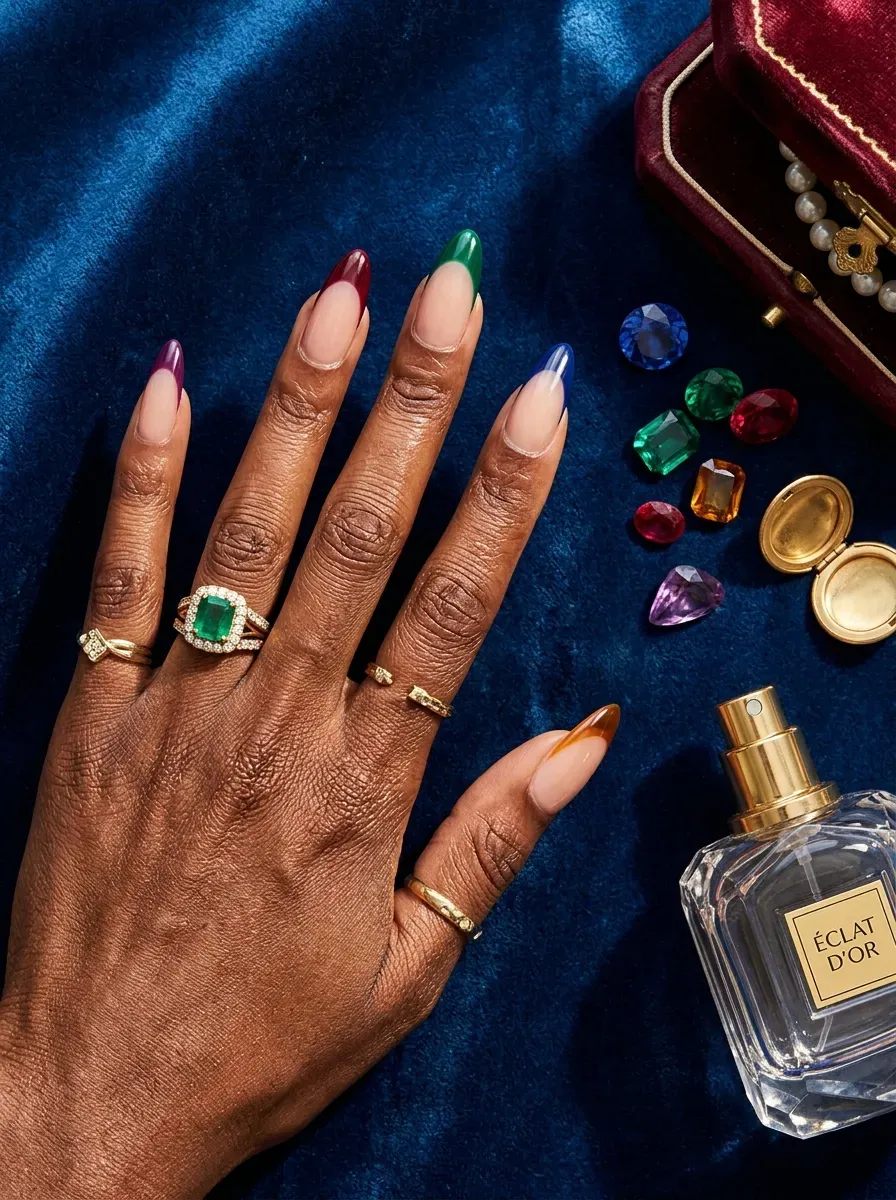 Long almond nails with different jewel colored French tips on dark skin