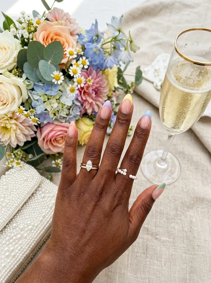 Different pastel French tips across almond nails on rich brown skin