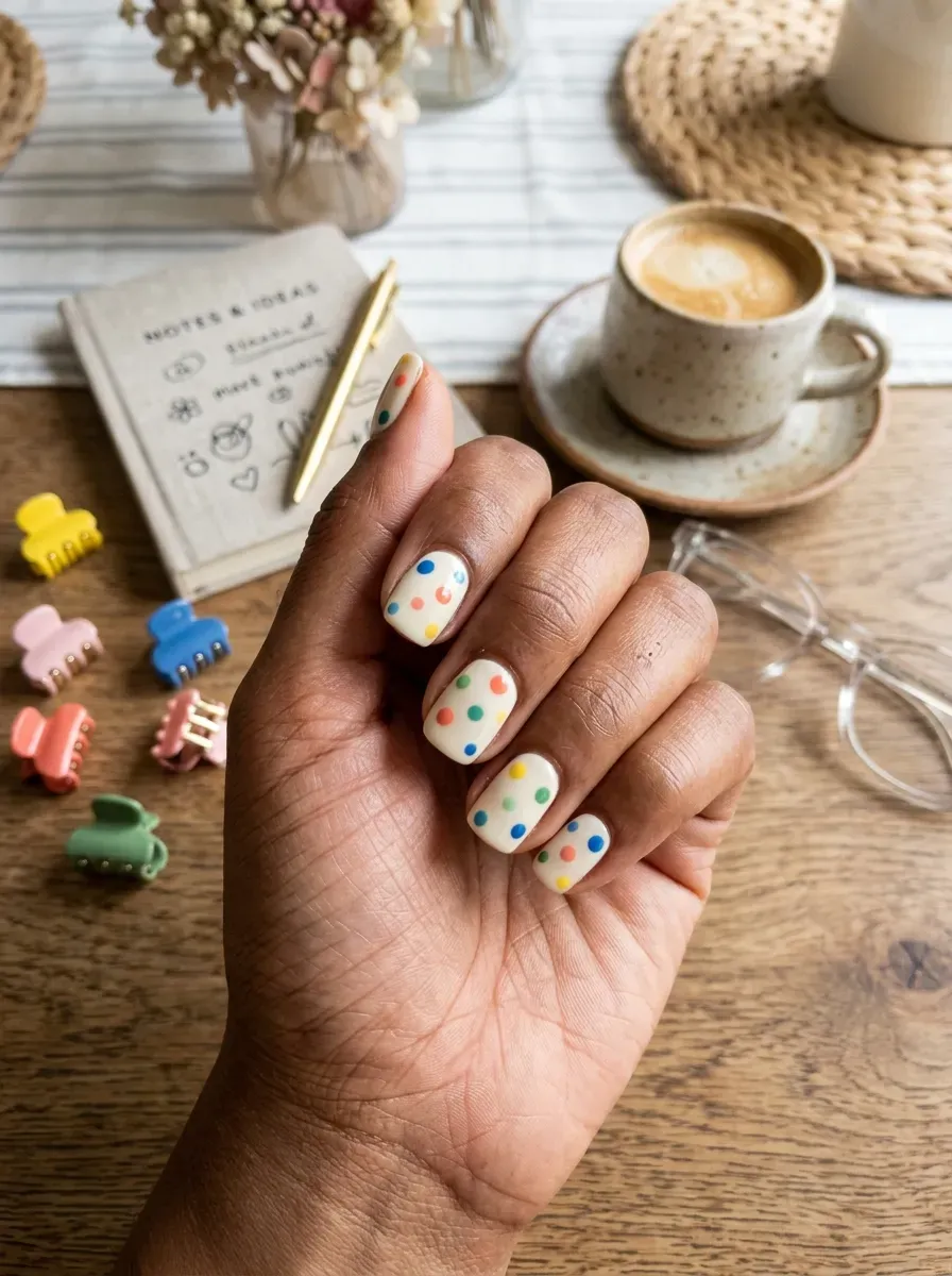 Short cream nails with colorful mismatched polka dots on warm skin