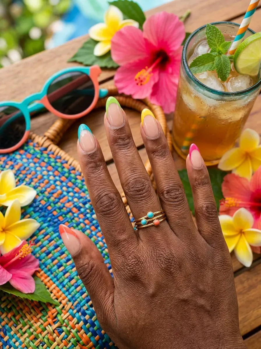 Different tropical colored French tips across almond nails on deep brown skin