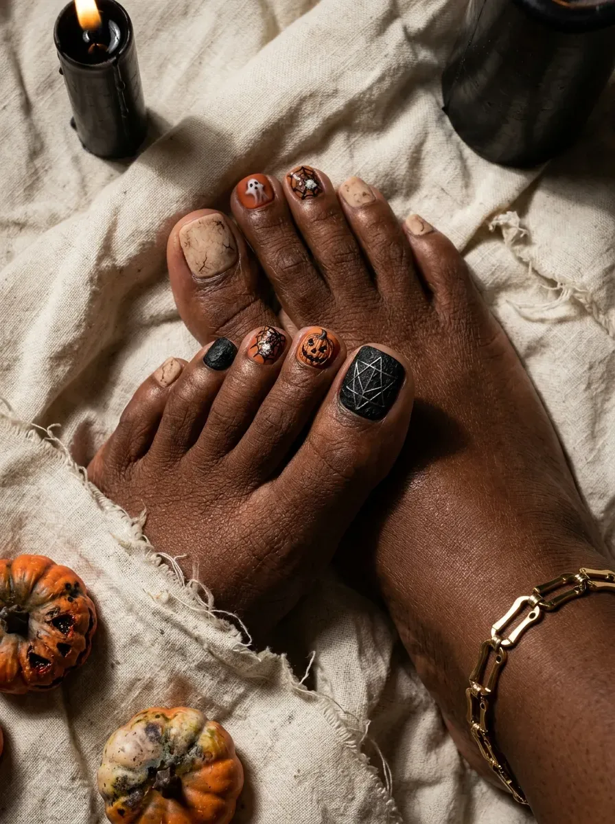 Black orange nude pedicure mixing ghost pumpkin web and star details