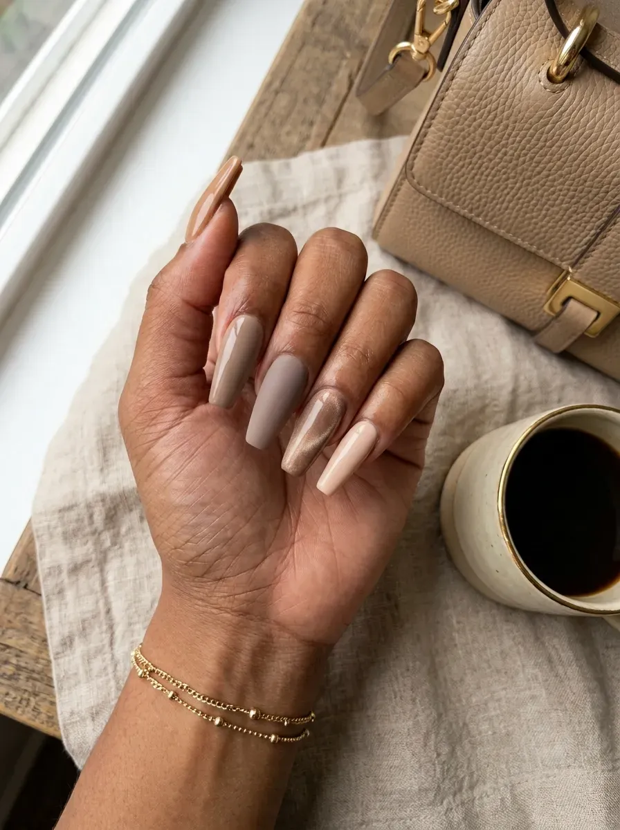 Long coffin nails mixing beige gloss matte chrome and velvet finishes