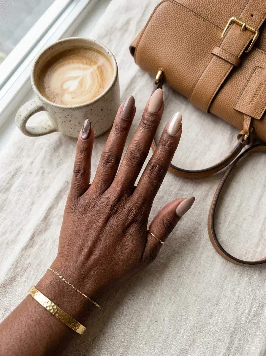 Neutral manicure mixing gloss matte chrome and velvet finishes on brown skin