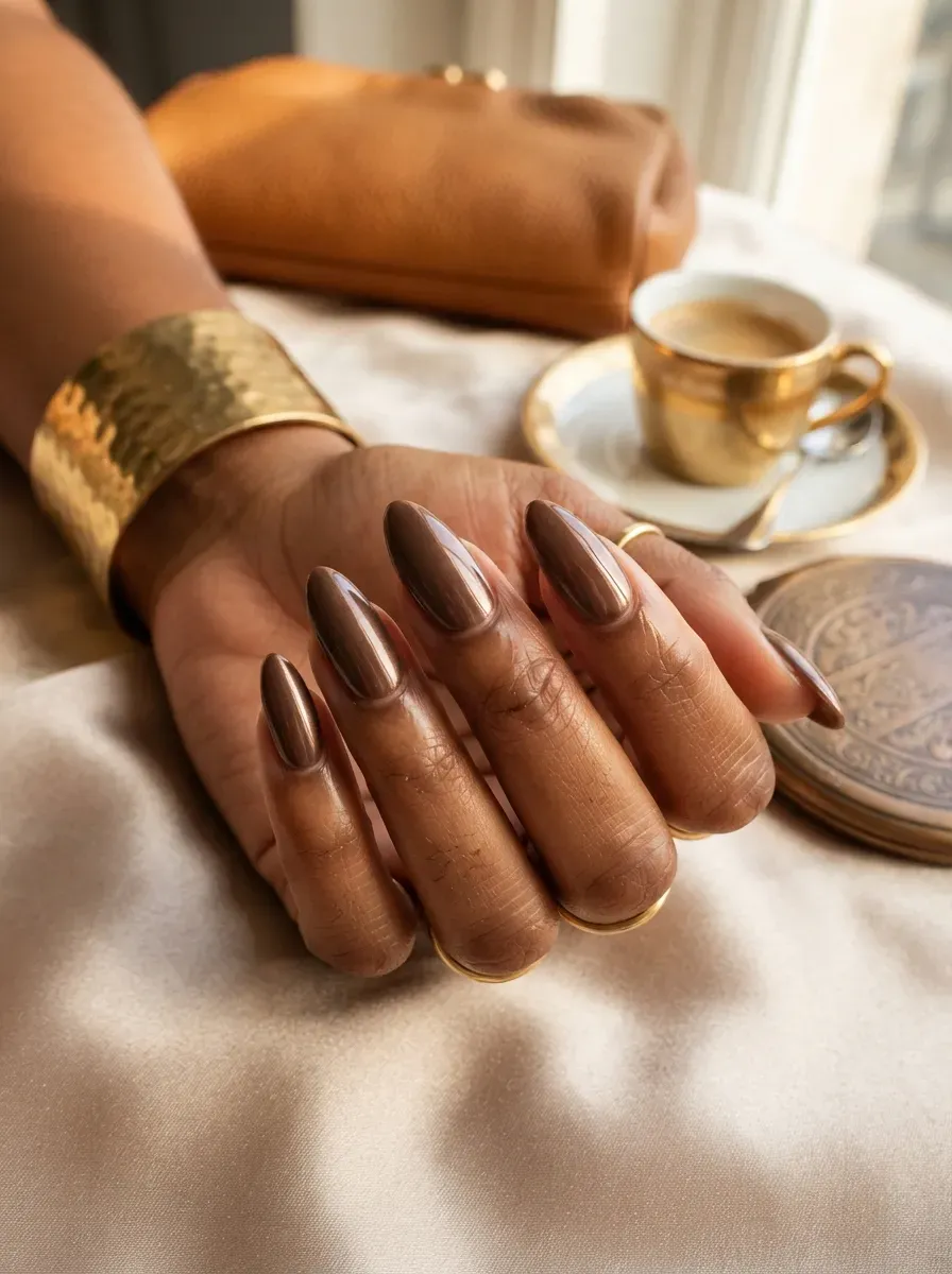Reflective mocha chrome French tips on almond nails over warm brown skin