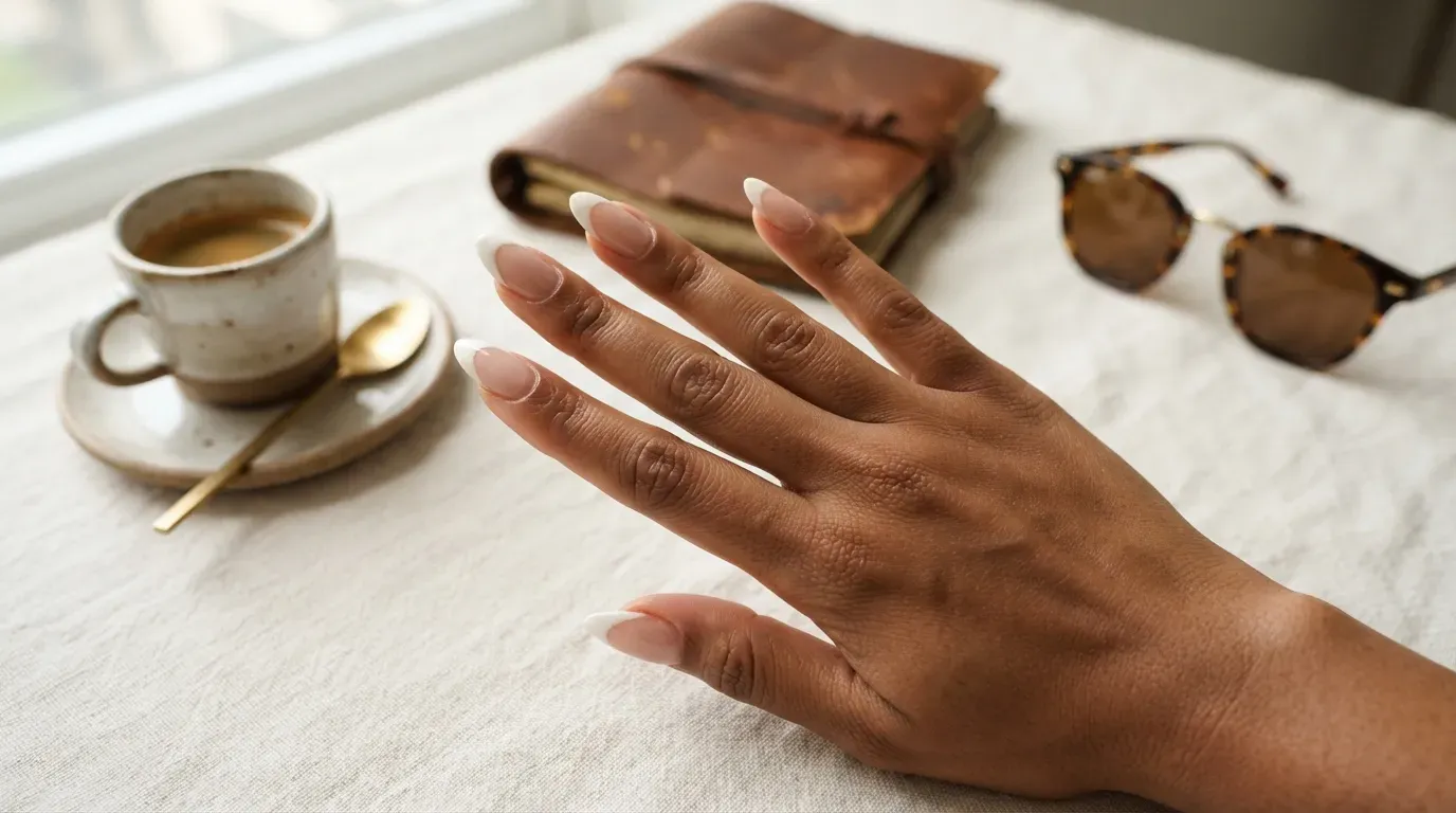 Long nude almond nails with narrow glossy mocha French tips