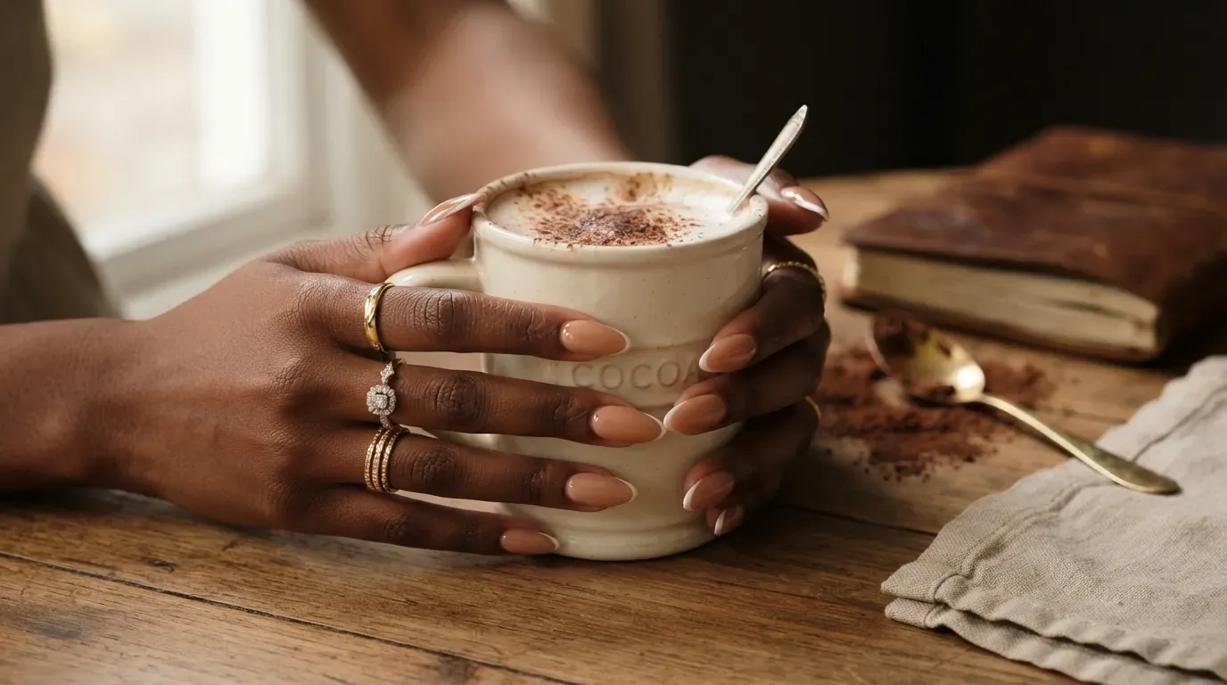 Long ballerina nails fading from nude cuticles into mocha brown tips