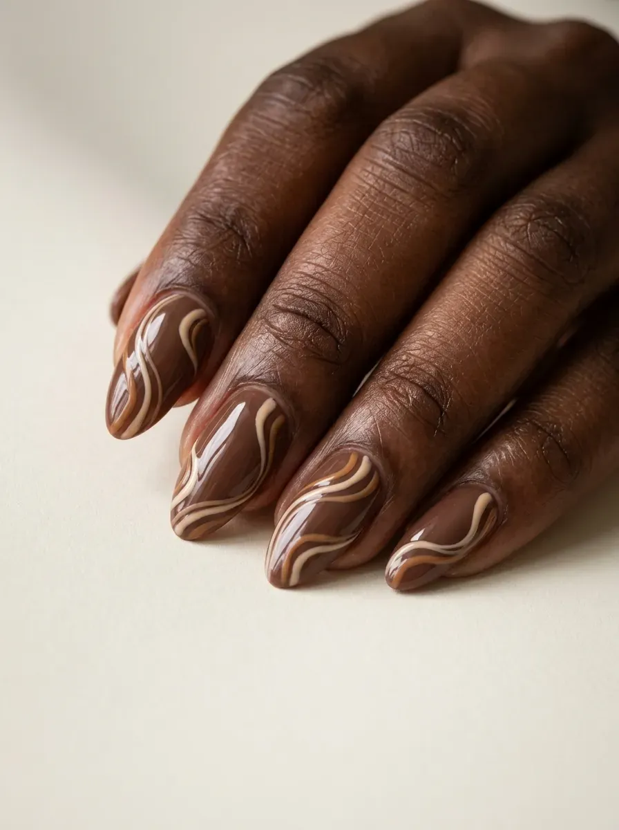 Almond gel nails with cream and mocha abstract swirl details on dark skin