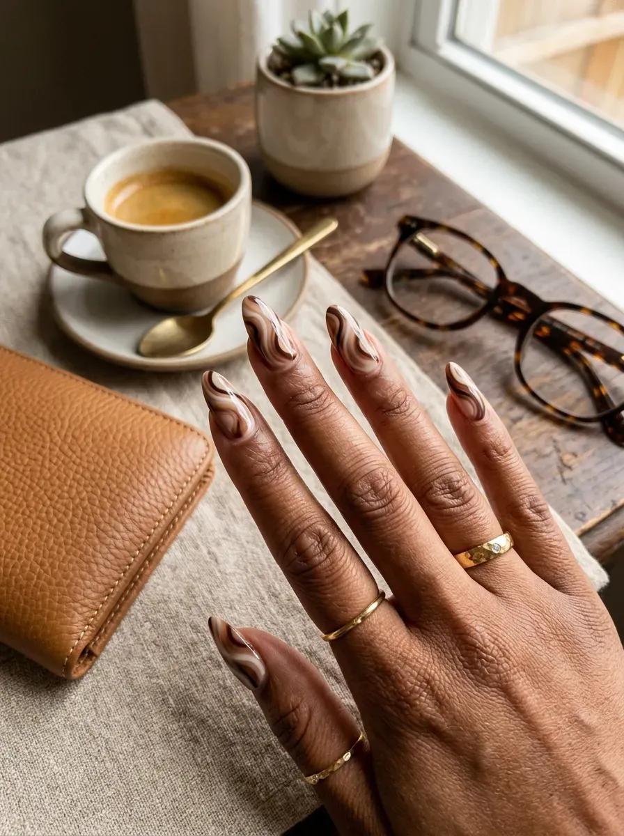 Long almond nails with mocha cream and chocolate swirl designs on brown skin