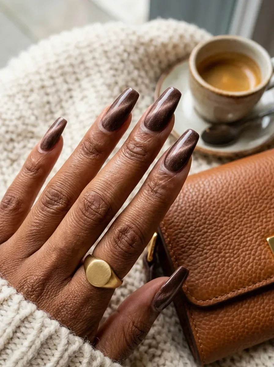 Long coffin nails with mocha velvet magnetic polish on warm brown skin