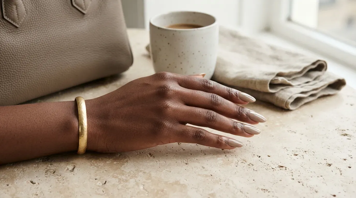 Long taupe almond nails with slim gold curves around cuticles