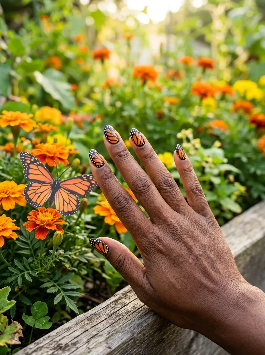 Nails with hand painted monarch butterfly wing patterns in orange and black on deep brown skin