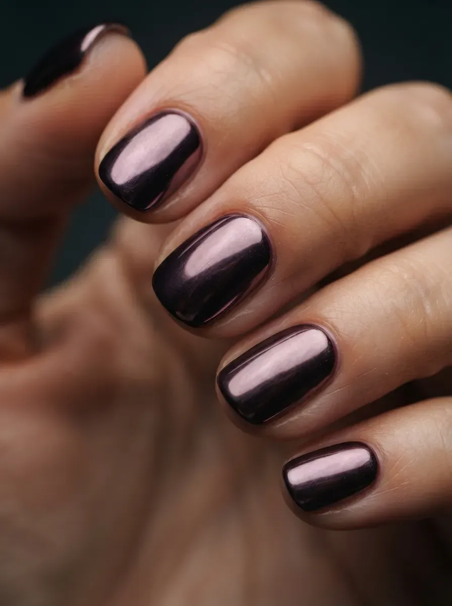 Short plum chrome nails with reflective finish on deep brown skin